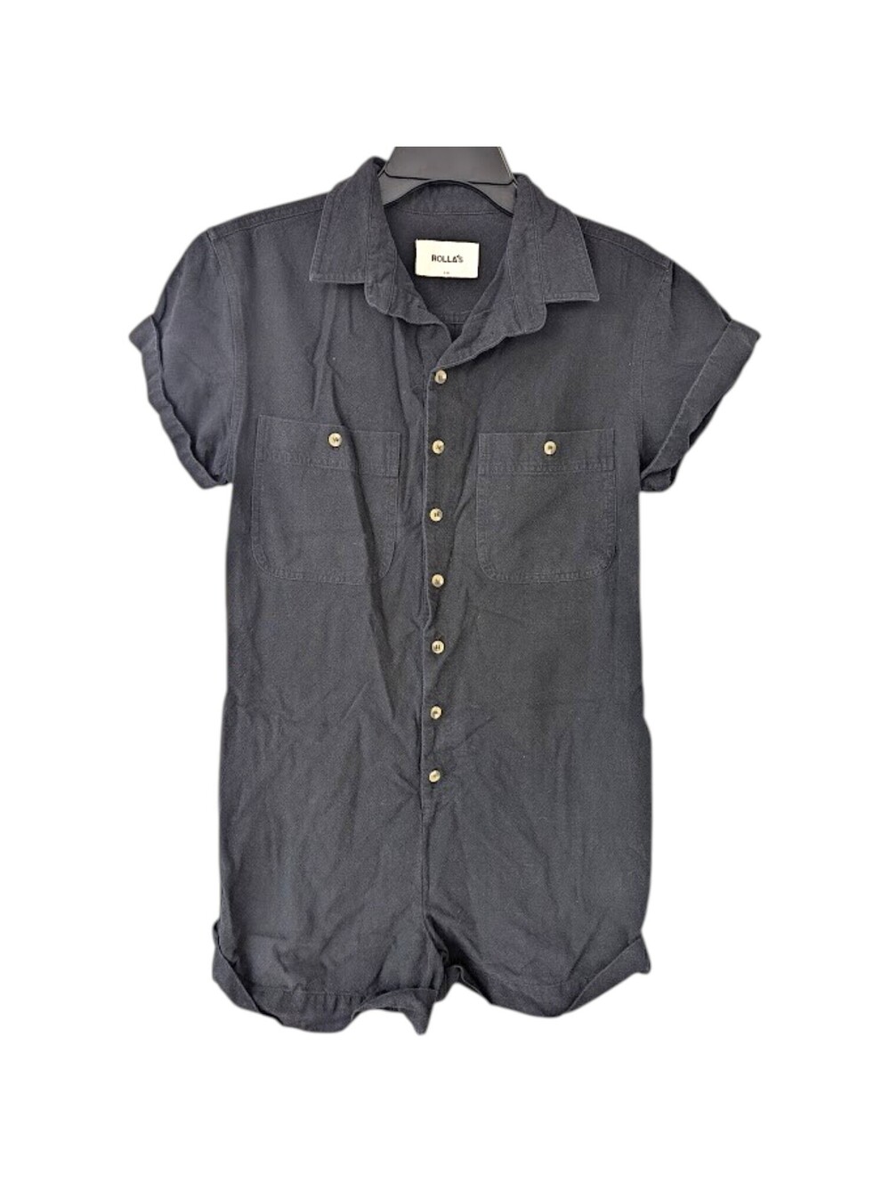 Rolla's Horizon Playsuit Womens XS Black Linen Blend Button Short Sleeve 17.5x29
